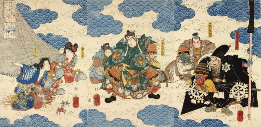 Kuniyoshi - (T134) Yoshitsune, Benkei & Yoshimori listening to 2 ama, mother & daughter, named Oimatsu & Wakamatsu, who tried to recover sacred Sword from sea-bottom after battle of Dan-no-ura (Alt