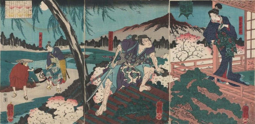 Kuniyoshi - (T129) Yendô Musha Moritô (center) approaching Kesa-gozen over the roof with a drawn sword; in the background (left) a servant about to adjust the sandal of Watanabe Wataru, her husband (Alt