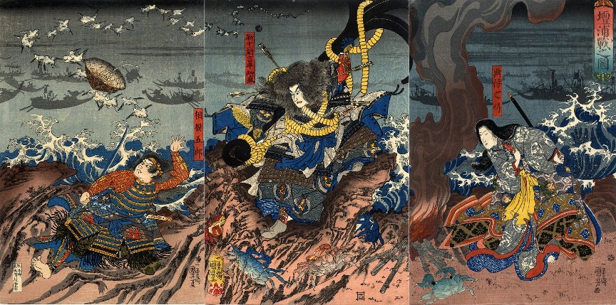 Kuniyoshi - (T135) Minamoto no Yoshitsune, his wife Shidzuka Gozen, & Musashibo Benkei fleeing after the raid on the Horikawa Palace