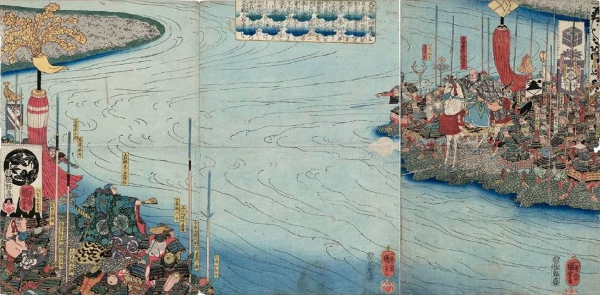 Kuniyoshi - (T136) Kenshin and Shingen face each other across the river to discuss peace terms during the Kawanakajima Campaign