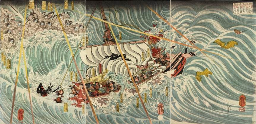 Kuniyoshi - (T147) The Taira ghosts arising from the sea (left) to attack Yoshitsune's ship (centre), with some warriors in the water