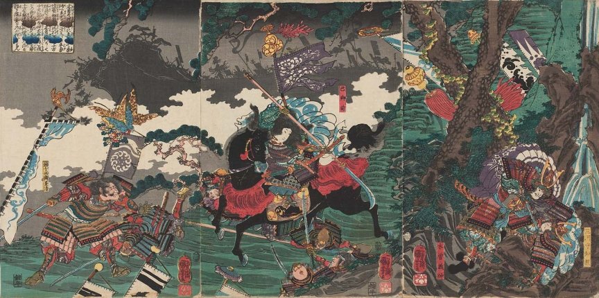 Kuniyoshi - (T146) The Battle of Kurikaradani on June 2, 1183- Kagekiyo, Tomoye-gozen and Yoshinaka struggling with Tomonori; behind, the Taira troops falling over the cliff