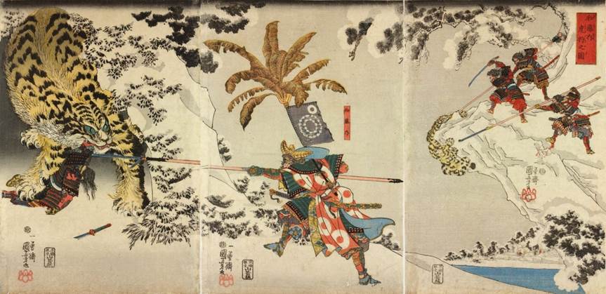 Kuniyoshi - (T175)) Pictures of the Great Battle of Kawanakajima, Kenshin Attacking Shgingen with a Sword 1846