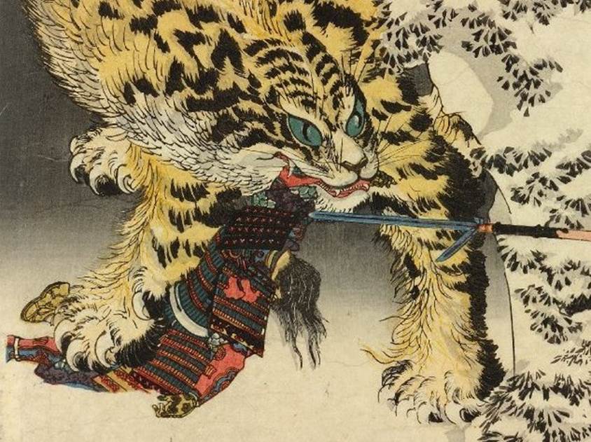 Kuniyoshi - (T176) Selections for the 8 Views (Mitate hakkei), Miyamoto Musashi defending himself at a bathhouse
