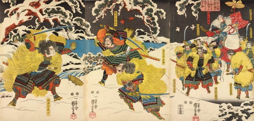 Kuniyoshi - (T191) fording of the Uji River in 1184 (untitled)