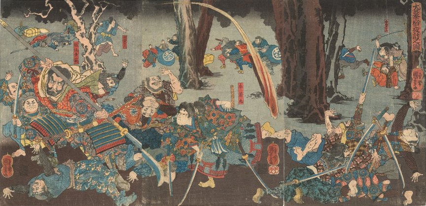 Kuniyoshi - (T224) Obaka shukuyo uchi no zu - Benkei and Yoshitsune (red cartouche)