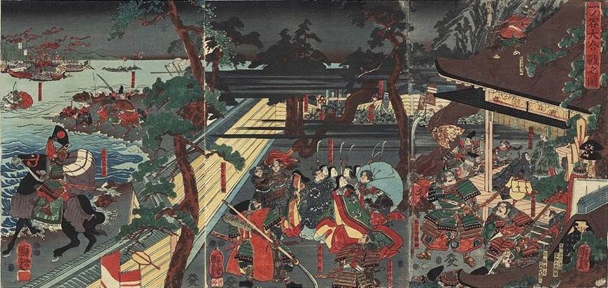 Kuniyoshi - (T221) Minamoto Yoshitsune trying to retreive lost bow from water with Heike soldiers trying to catch him