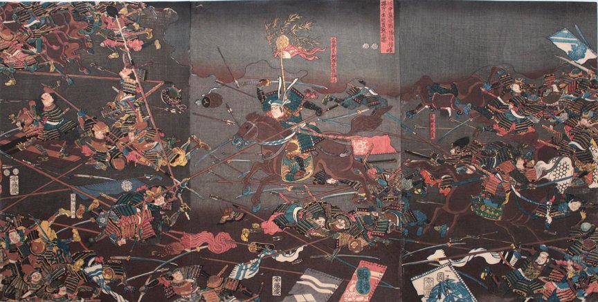 Kuniyoshi - (T271a) Direct encounter of the household troops of Kenshin and Shingen at the Battle of Kawanakajima