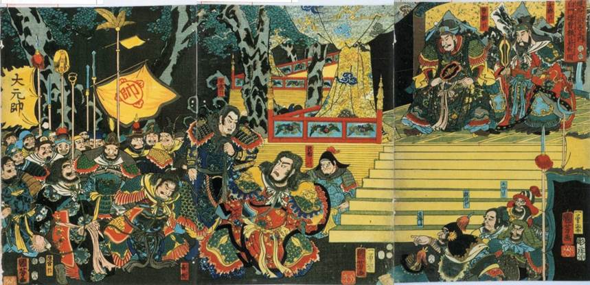 Kuniyoshi - (T290) Igagoye hataki-uchi, The Igagoye revenge- Karaki Masayemon (right) fighting against odds and Sawai Matagorô engaged by Wada Shidzuma (left)
