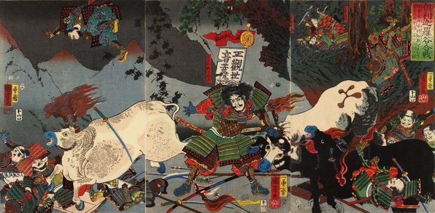 Kuniyoshi - (T294) The Tale of the Three Countries in the Popular Style (Tsuzoku Sangokushi), Chinese hero Ryu Gentoku in the snowy mountains with his two warriors, having located his future adviser Komei