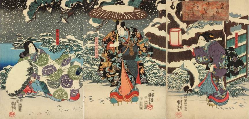 Kuniyoshi - (T308) Tokiwa-gozen and her children in the snow
