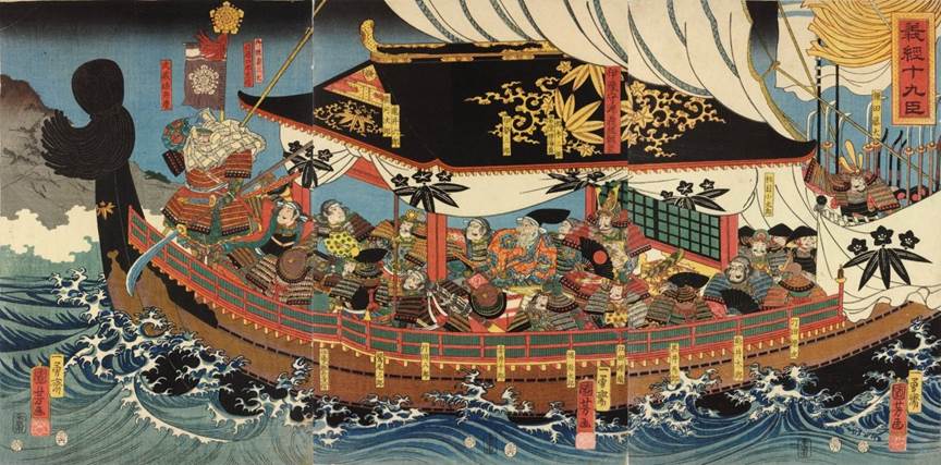 Kuniyoshi - (T314) Uyesugi Kenshin originating the monkey dance at Saijôzan during the Kawanakajima Campaign, pub