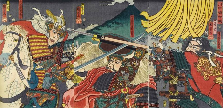 Kuniyoshi - (T316) Kawanakajima ô-kassen (The Battle of Kawanakajima), Onikojima Yatarô overthrowing Nakanishi Dairokurô at the Battle of Kawanakajima