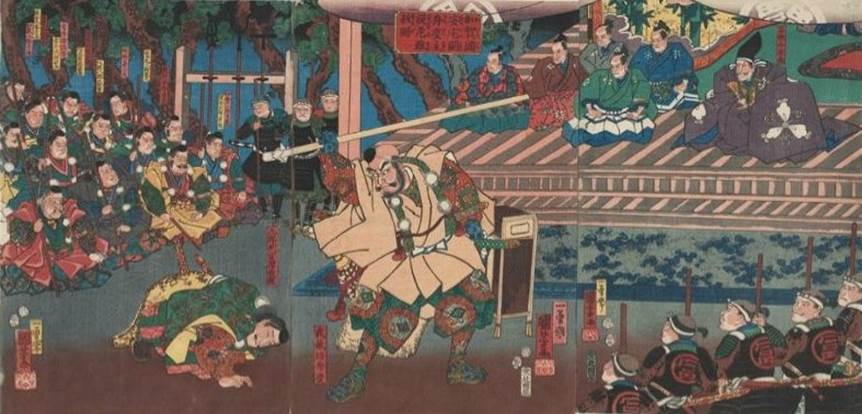 Kuniyoshi - (T327) During their flight disguised as yamabushi (warrior monks), Benkei beats Yoshitsune to avert suspicion at the Ataka Barrier in Kaga Province, (2)1856