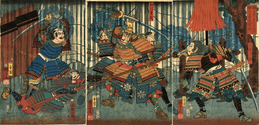 Kuniyoshi - (T327) During their flight disguised as yamabushi (warrior monks), Benkei beats Yoshitsune to avert suspicion at the Ataka Barrier in Kaga Province (Alt