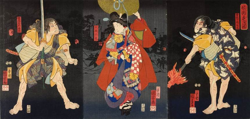 Kuniyoshi - (T328) Chô chidori satsuki no irodori, The Soga brothers with Tora of Ôiso between them