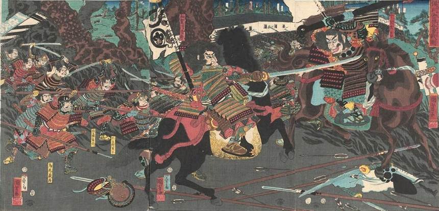Kuniyoshi - (T331) Encounter between Usami Suruga no Kami and Yamagata Saburohei at the battle of Kawanakajima, pub