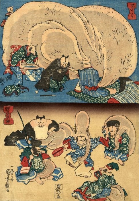 Kuniyoshi - (chûban) Raccoon Dogs (Tanuki), Tanuki no senkimochi (T) & Raccoon dogs as the seven lucky gods